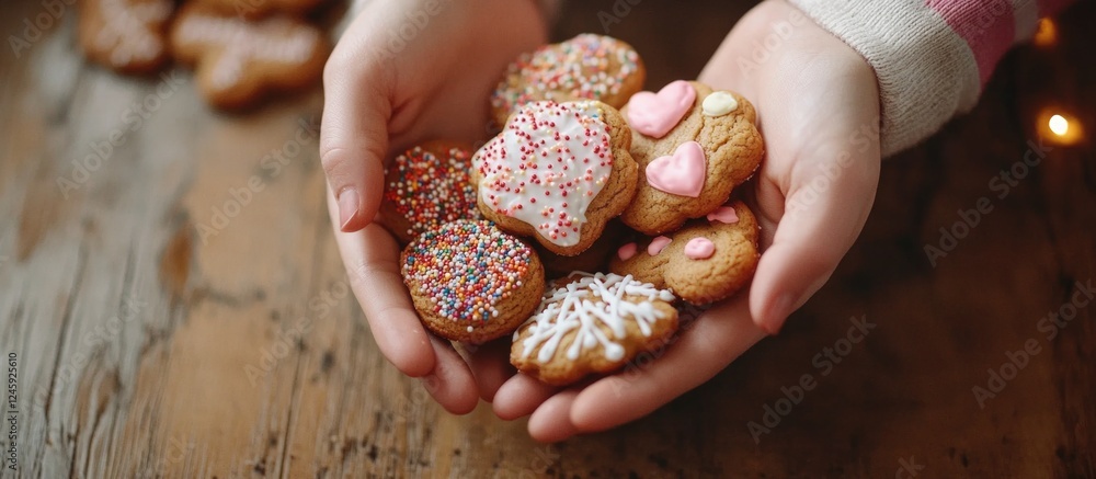 Poster homemade gingerbread cookies held in hands with colorful icing and sprinkles on a rustic wooden tabl