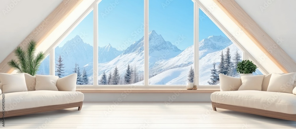 Aufkleber luxury attic living room design featuring a stunning mountain view and ample space for text in a ser