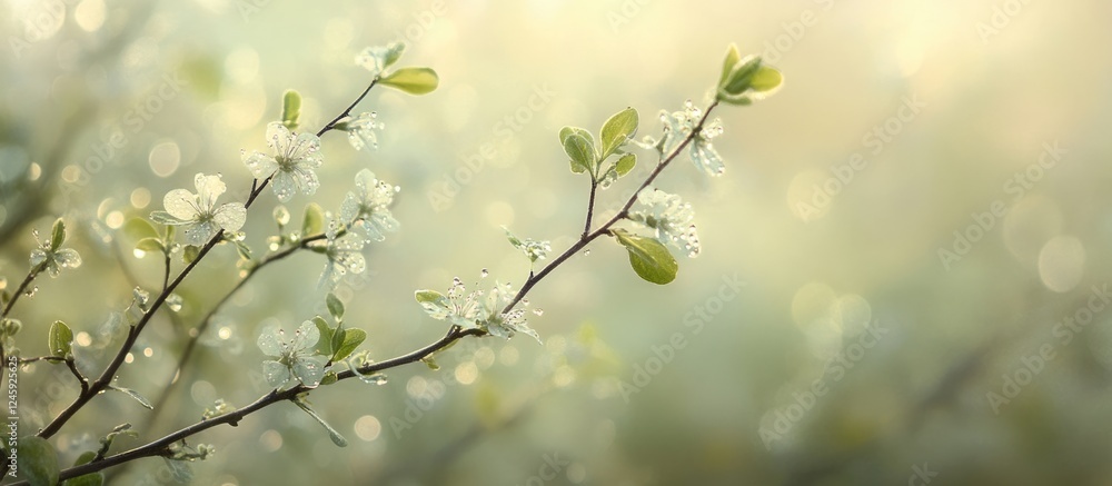 Poster spring leaves and branches in soft dawn light with dew drops creating a serene and refreshing nature