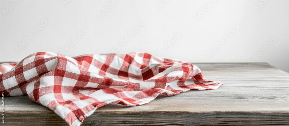 Poster red and white checkered tablecloth casually draped on rustic wooden table against a clean white back