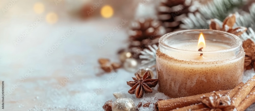 Poster Candle with cinnamon and nutmeg surrounded by pinecones on snowy backdrop with festive bokeh blank space for holiday text and greetings