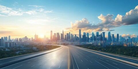 Futuristic City Skyline with Curved Highway and Motion Blur Under Bright Blue Skies