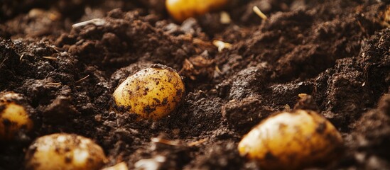 Freshly harvested raw potatoes lying in rich dark soil showcasing their earthy textures and natural agricultural environment.