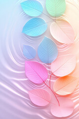 Leaves drifting gracefully in front of a surreal pastel background, delicate circular ripples