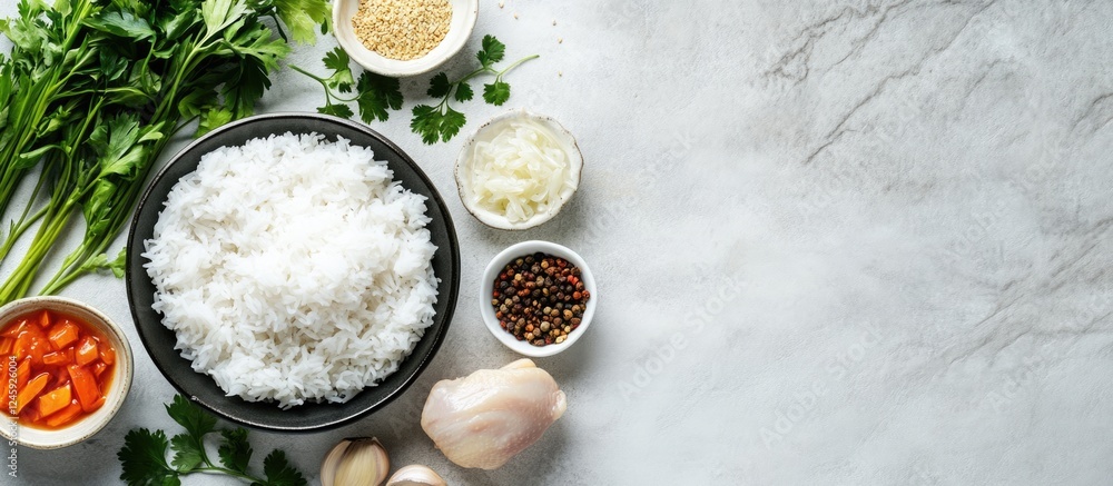 Aufkleber fresh ingredients and rice arranged for hainanese chicken rice with space for text on a marble count