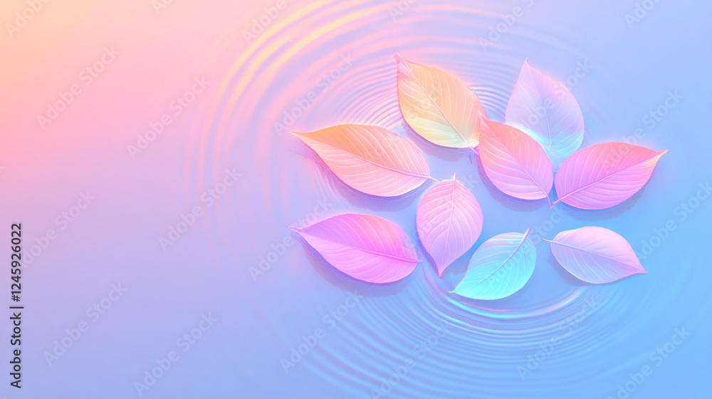 Poster a dreamy composition of leaves appearing to float on a pastel backdrop, surrounded by soft circular