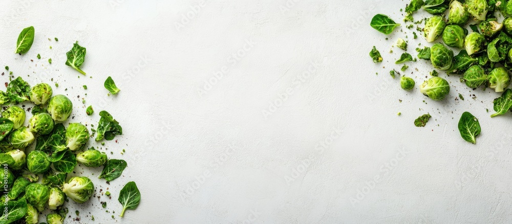 Poster Fresh Brussels sprouts arranged on a clean white background with ample negative space for customizable text or branding.