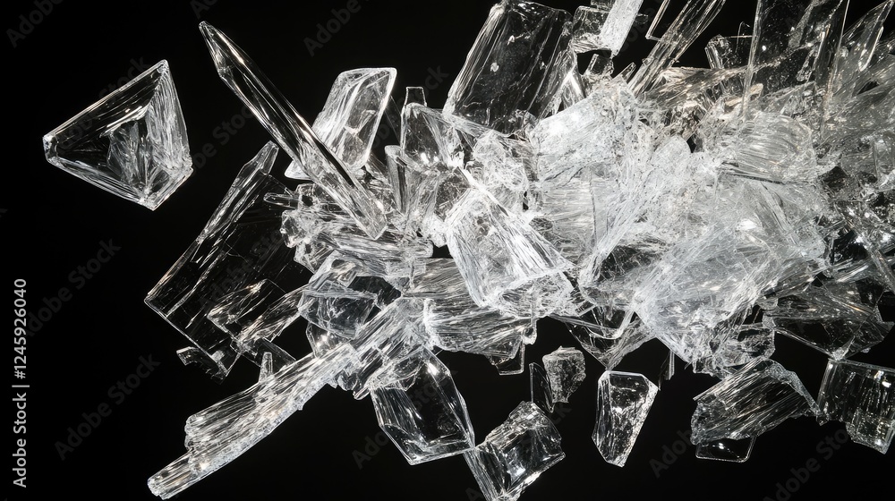 Poster crystal-clear glass fragments splintering into sharp, intricate shapes, suspended in midair with a b