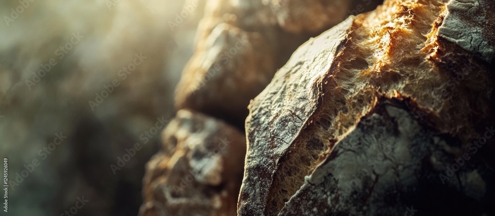 Poster artistic close-up of textured bread crust with selective focus showcasing intricate details and warm