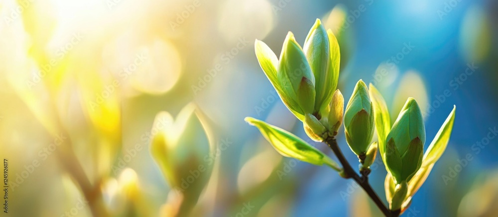 Aufkleber fresh green buds on tree branches glowing under spring sunshine with soft focus background