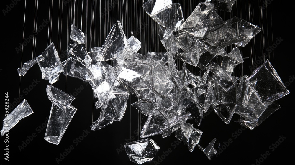 Poster crystal-clear glass fragments splintering into sharp, intricate shapes, suspended in midair with a b