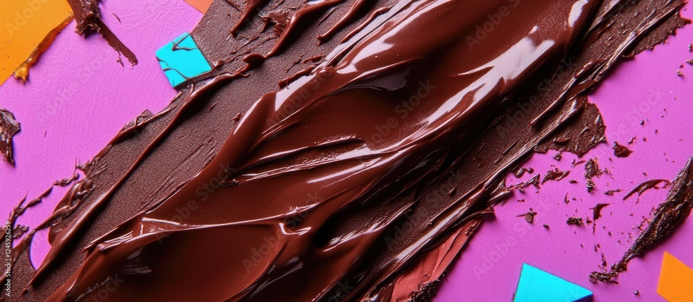 Poster rich chocolate ganache spread artistically on vibrant colorful background with abstract design eleme