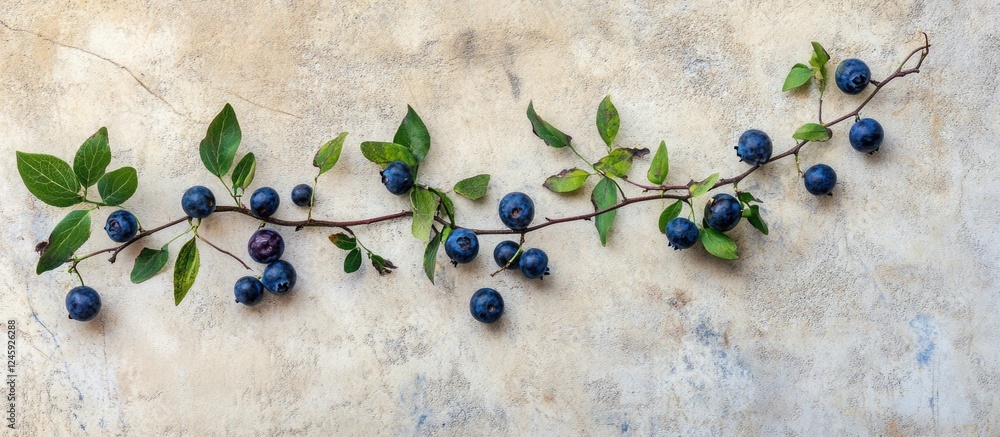 Aufkleber blueberry branches with fresh fruit and leaves on a textured cement background in a top view arrange