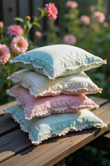 Delicate lace-trimmed pillowcases stacked on rustic bench, vintage charm