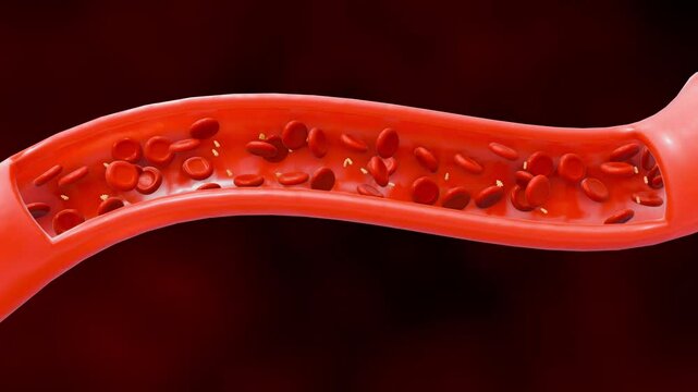 3D animation of uric acid molecules and red blood cells inside of blood vessel. Hyperuricemia occurs when there is too much uric acid in the blood.