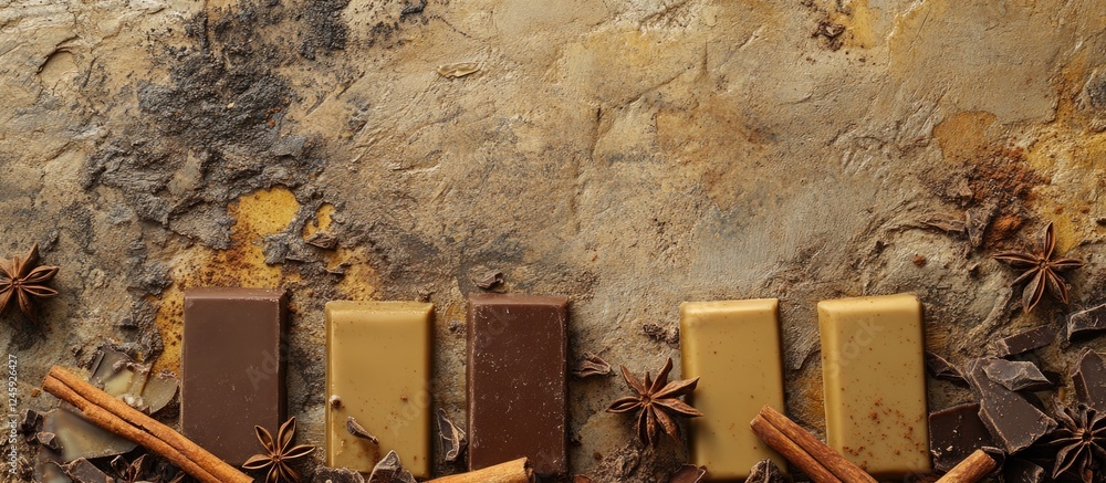 Poster chocolate bars with cinnamon and star anise spices arranged on a textured stone background with spac