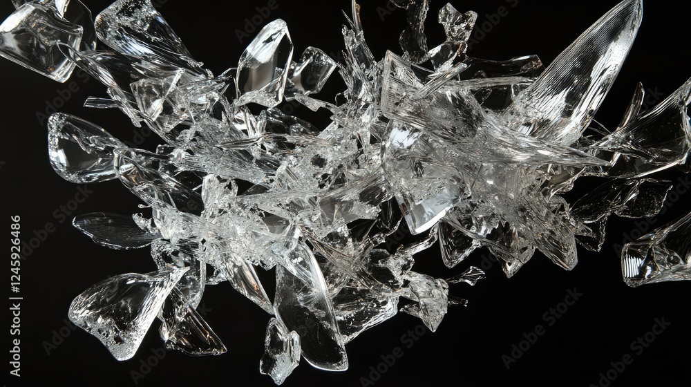 Poster crystal-clear glass fragments splintering into sharp, intricate shapes, suspended in midair with a b