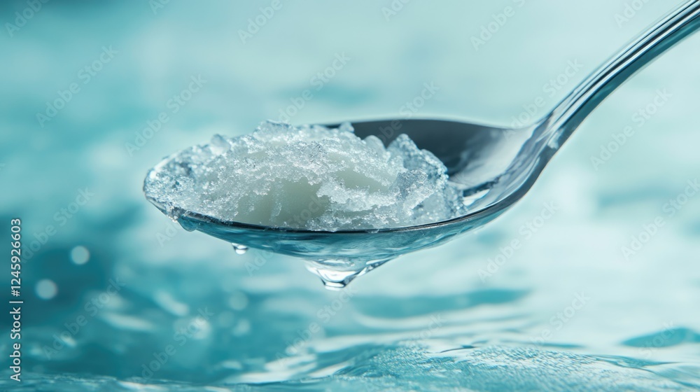 Poster spoon scooping ice cream with a serene blue background and ample empty space for text or branding pu