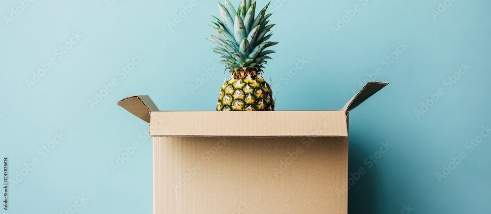 Aufkleber cardboard box with a pineapple on top against a blue background with empty space for text or adverti