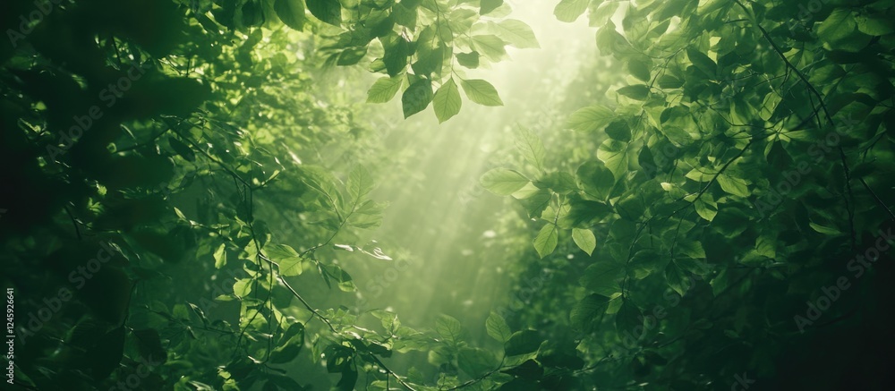 Poster lush green tree crowns with sunbeams filtering through creating a vibrant forest atmosphere ideal fo