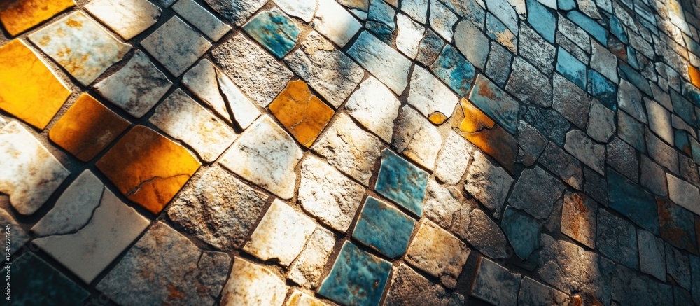 Poster vintage mosaic wall texture featuring colorful abstract patterns and soft lighting effects for inter