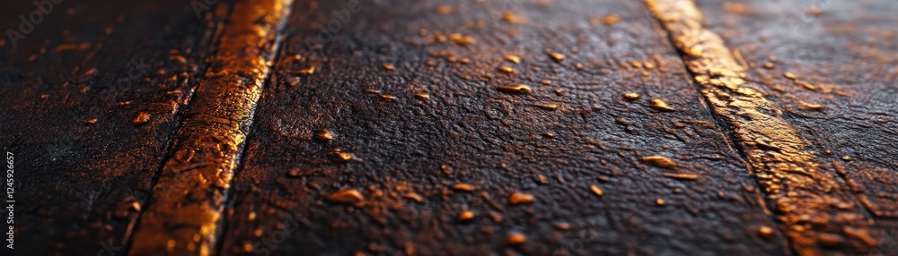 Poster close-up of a rusty industrial surface with textured patterns and warm lighting.