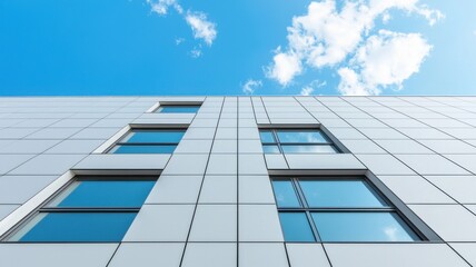 A modern building with large windows reflects a bright blue sky, showcasing clean lines and a sleek architectural design.