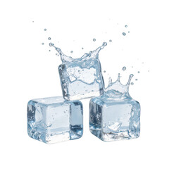 Obraz premium Ice cubes splashing in clear water, vibrant, refreshing, suitable for beverage advertisements, summer themes, and cooling imagery. Isolated on white background or PNG