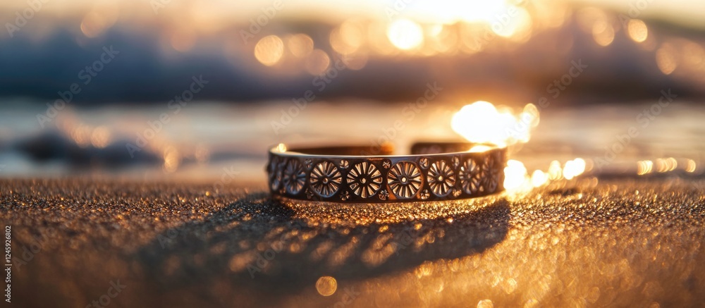 Poster Elegant bracelet resting on sandy beach illuminated by sunset with gentle waves in the background creating a serene coastal atmosphere.