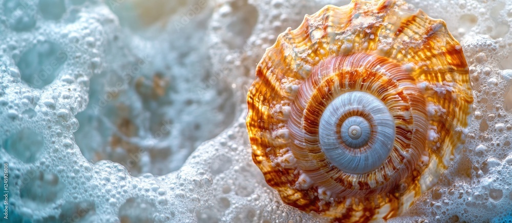 Poster detailed close-up of a colorful seashell resting on foam at the beach showcasing intricate textures 