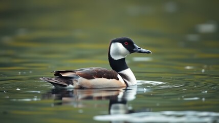 Beautiful duck swimming gracefully on a serene lake surrounded by nature in the early morning light