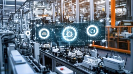 Detailed shot of factory machines labeled with digital identifiers, synchronized through a 5G network for optimized operations and manufacturing efficiency.