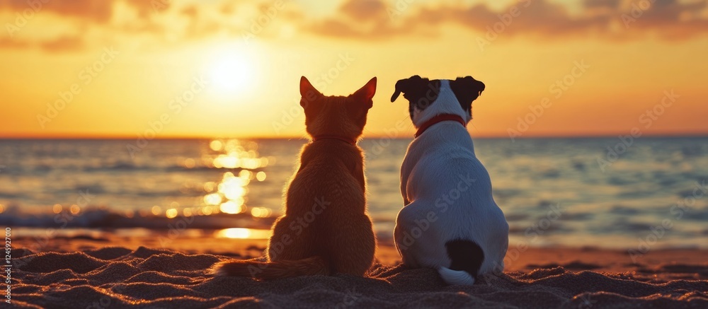 Aufkleber cat and dog enjoying sunset together on a sandy beach with tranquil ocean view and ample space for t