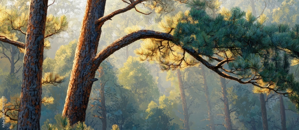 Aufkleber morning light illuminating pine tree branches in a serene forest with majestic trunks and lush green