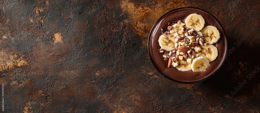 Poster chocolate banana protein smoothie topped with nuts in a bowl on a textured background with ample cop