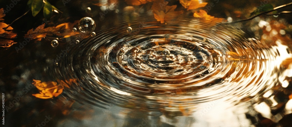 Poster Rippling water surface with autumn leaves and bubbles creating a serene natural atmosphere in a tranquil setting.