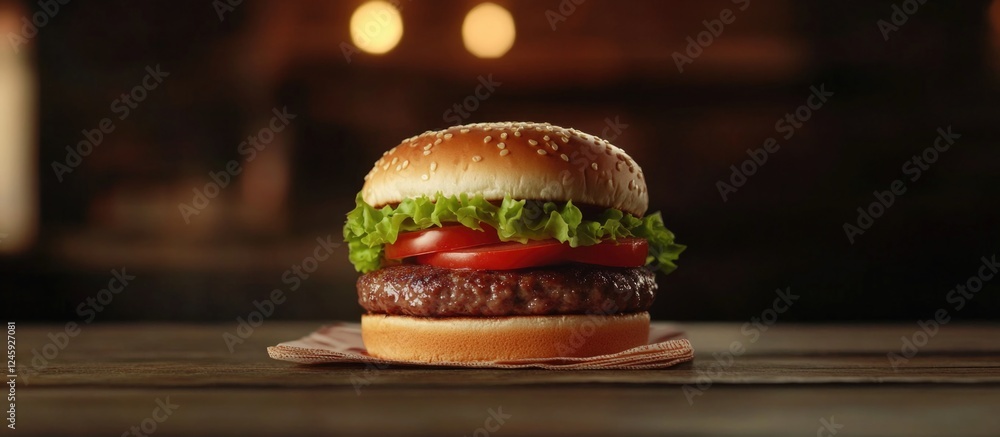 Poster close up of a delicious hamburger with fresh lettuce and tomato on a wooden table with a rustic back