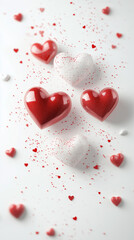Valentine's Day concept with glossy hearts suspended in air and sparkling details.