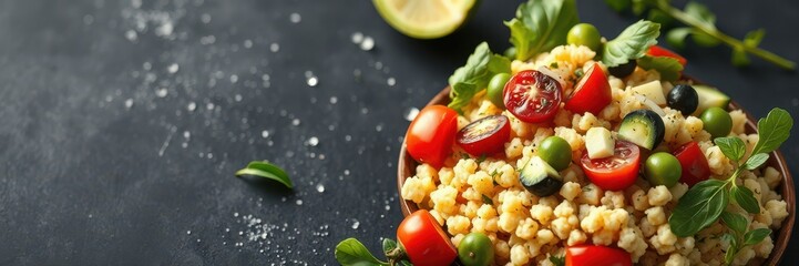 A close-up of a fresh salad with cherry tomatoes, olives, and basil on a dark background
