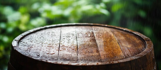 Fototapeta premium Close up of wet wooden barrel top glistening in the rain surrounded by lush greenery, capturing nature's beauty and rustic charm.