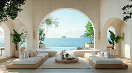 Obraz premium Modern Beach House Living Room with Ocean View and Scandinavian Design