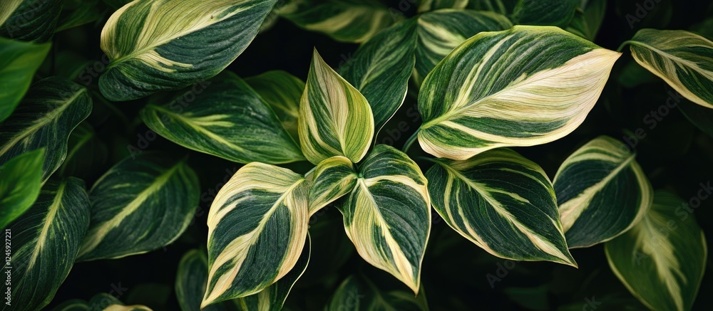 Poster close up of vibrant green leaf texture with variegated patterns from a tropical plant in a dark back