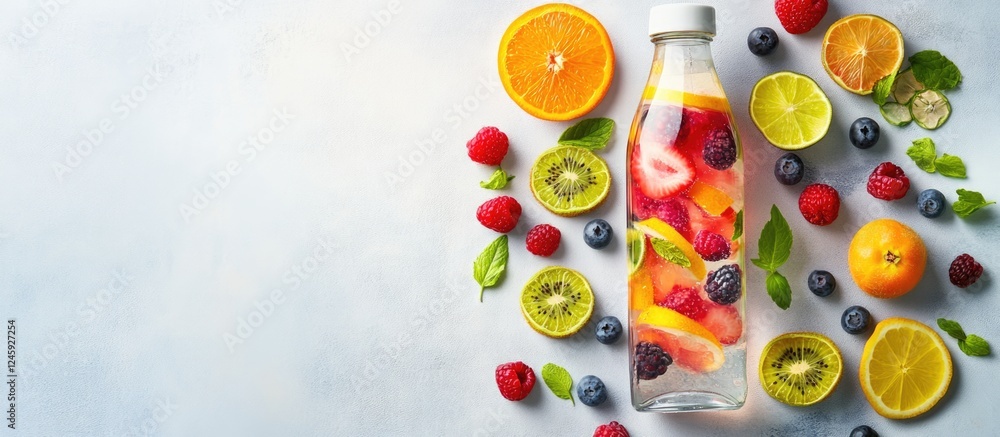 Poster refreshing flavored water with fruits and berries arranged on a light background providing ample cop