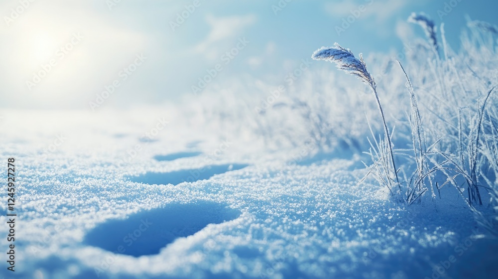 Poster close up of animal tracks in pristine snow with delicate frost and empty space for text in a serene 