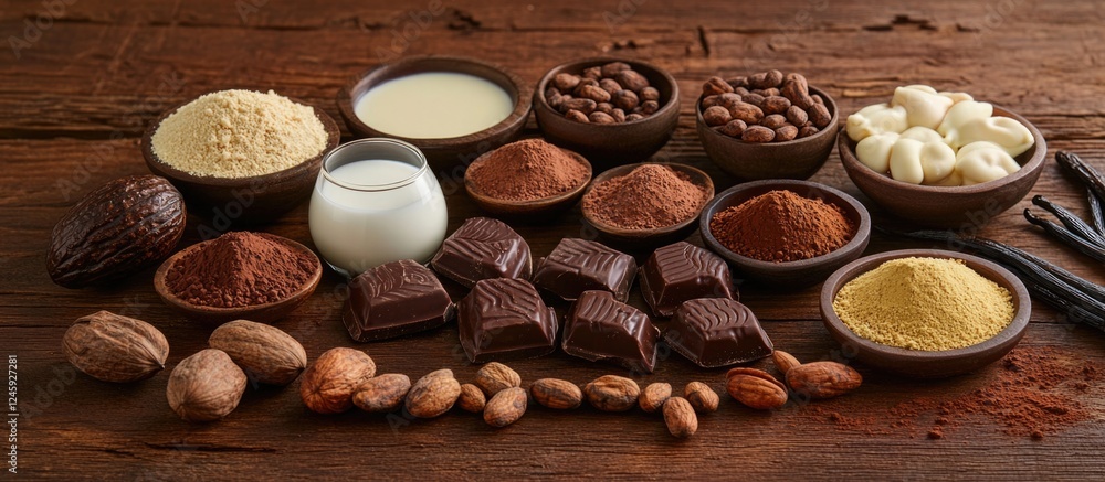 Poster chocolate ingredients and varieties displayed in an artistic arrangement on a rustic wooden table sh