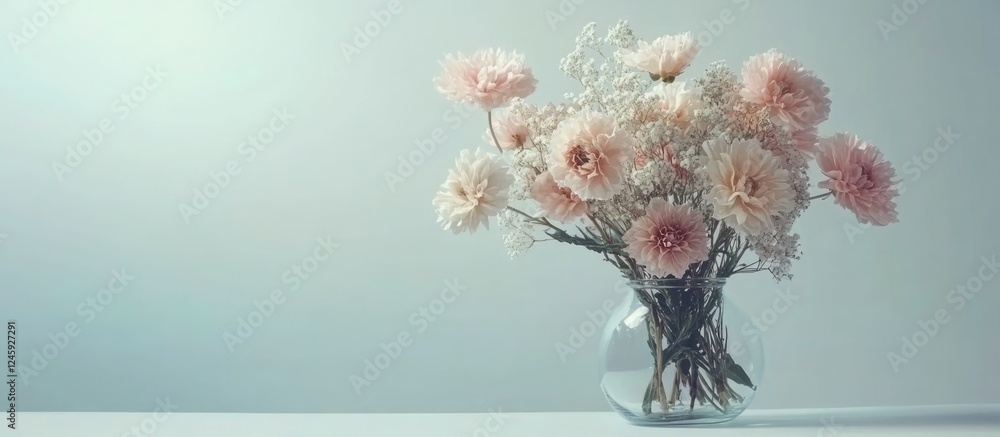 Poster elegant arrangement of pastel flowers in a glass vase on a neutral background with ample copyspace f