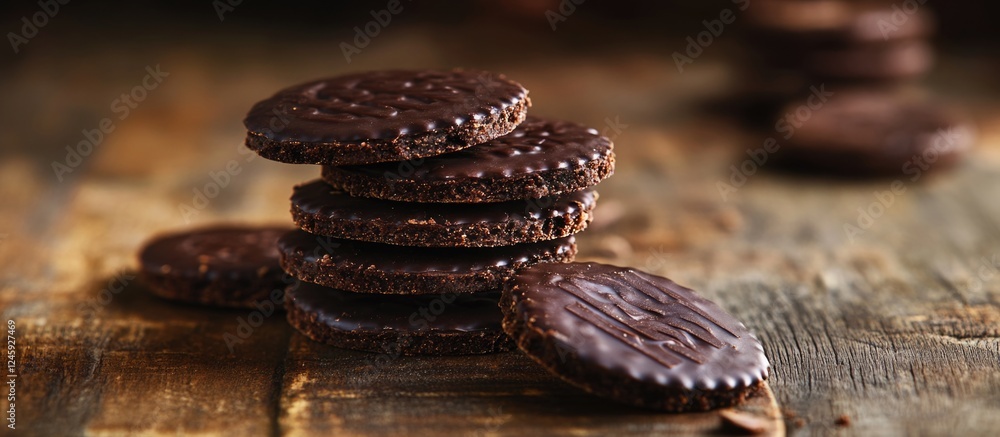 Poster delicious chocolate biscuits stacked on a rustic wooden surface with a close-up focus showcasing the