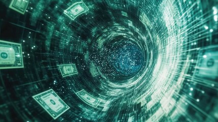 Dollar bills dissolve into particles while soaring through a high-tech tunnel, symbolizing the rapid movement of financial transactions in the digital world.