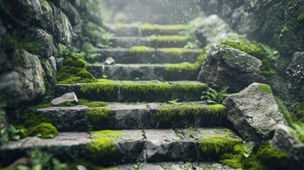 Moss-Covered Stone Steps Leading Into Mystical Forest Environment