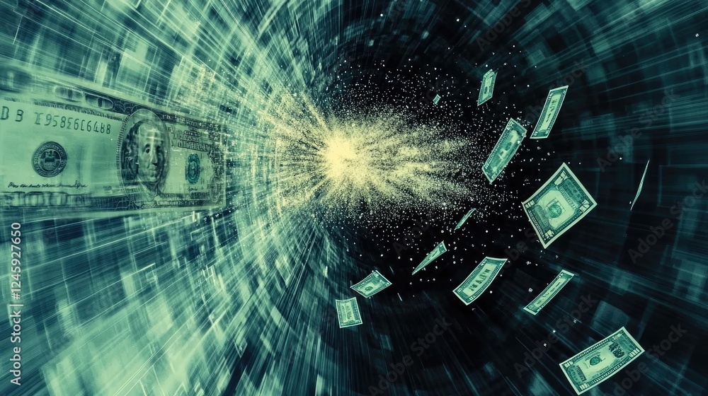 Poster Dollar bills dissolve into particles while soaring through a high-tech tunnel, symbolizing the rapid movement of financial transactions in the digital world.